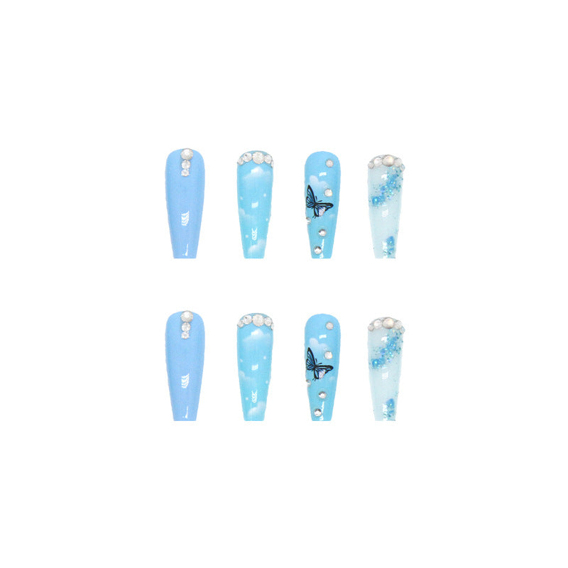 Shiny Blue Ice Butterfly Fall Nails - Long Press-On (24PCS)