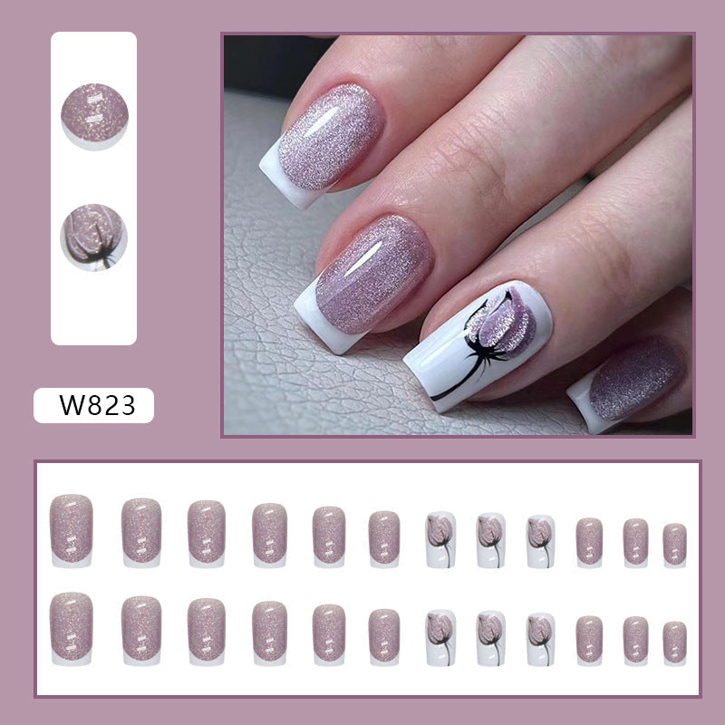 Shiny Full-Cover Square French Nail Stickers with Flower Buds