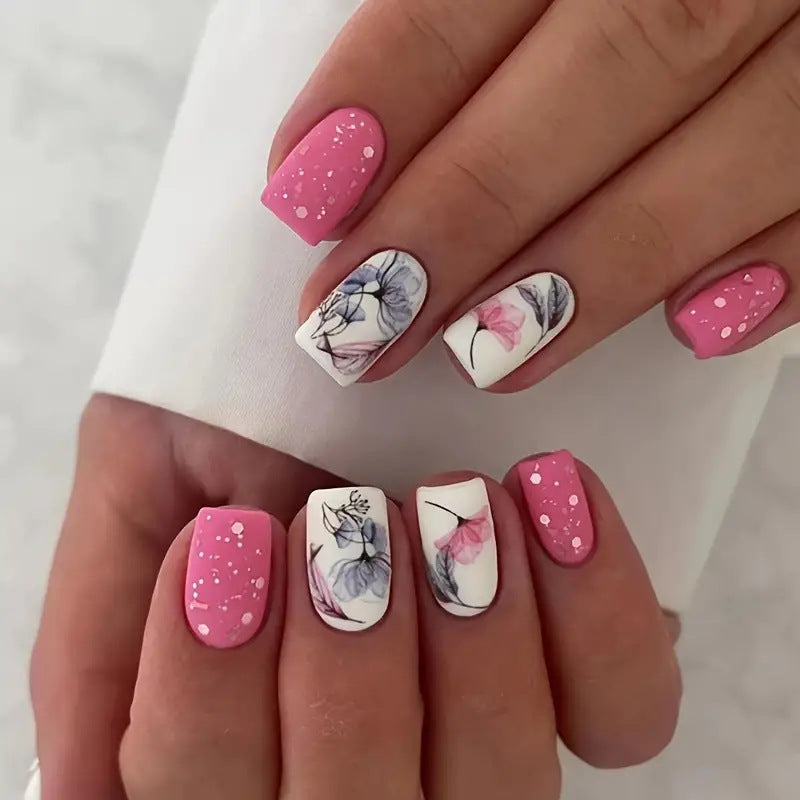 Charming Ink Painting Nails with Peach Pink Sparkle