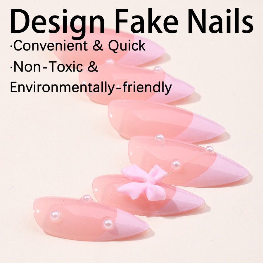 Detachable Pink Nail Tips with Pearl and Bow Decor