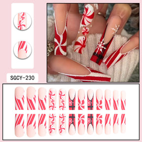 Red Glitter French Nail Tips with Ribbon, Candy Design