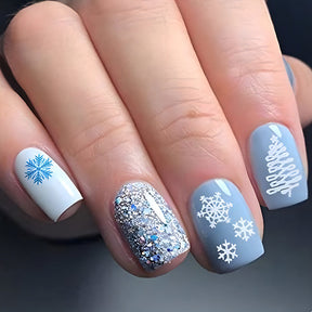 Christmas Blue and White Snowflake Fall Nails - Removable Nail Tips