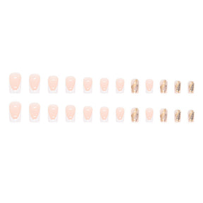 White French Mid-Length Square Nails, Leaf Silhouette, INS Style