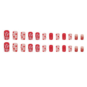 Red Christmas Heart Glitter Pre-made Nails for Valentine's Day (24 Pcs)