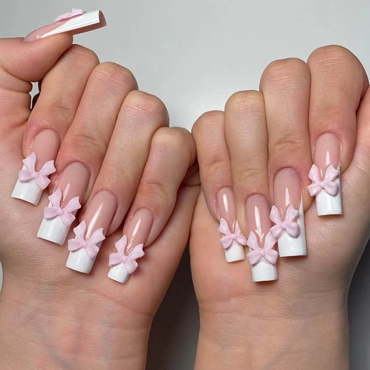 Removable White French Pink Bow Nail Tips