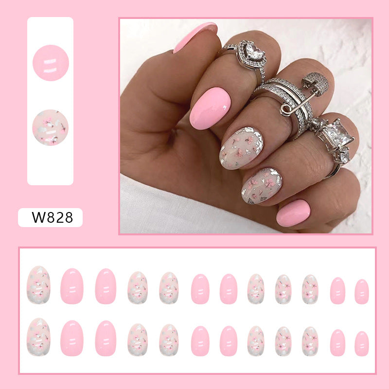 Cute Short Oval Floral Nails Pink Tender Fashion Sweet Girl Fake Nails