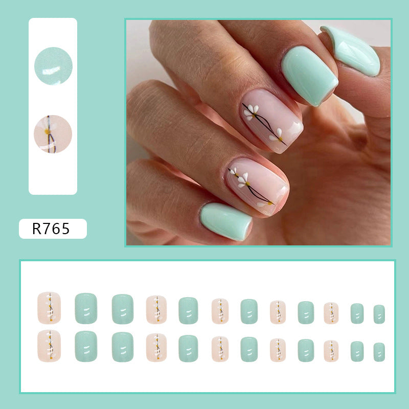 Short Fresh Light Blue Floral Fall Nails: 24-Piece Petal Design Nail Wraps