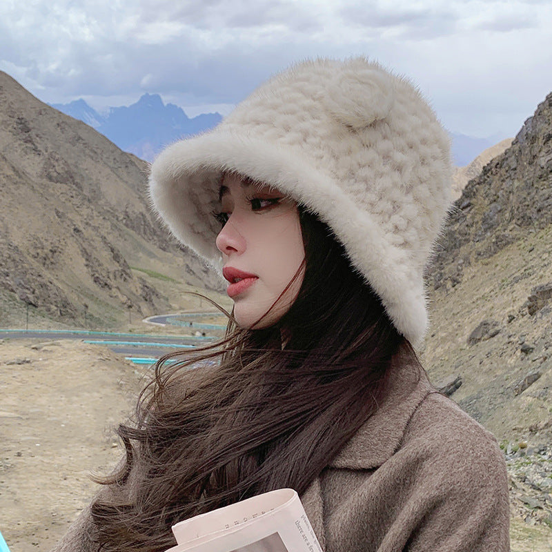 Warm Mink Fur Knit Bucket Hat - Winter Accessory