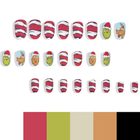 Christmas Red White Striped Grinch Design Cute Nail Tips