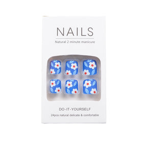 Blue Toe Nails with White Flower, Matte Finish, Removable