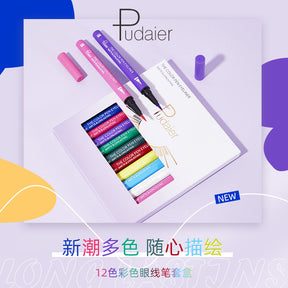 Pudaier 12-Color Liquid Eyeliner - Smudge-Proof, Long-Lasting, Matte Finish