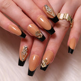 Black French Press On Nails with 3D Rhinestones and Gold Design