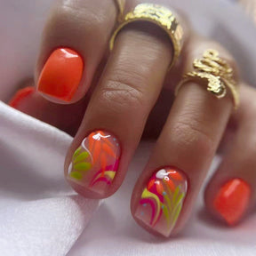 Short Vibrant Orange Summer Nails, Multicolor Floral Design