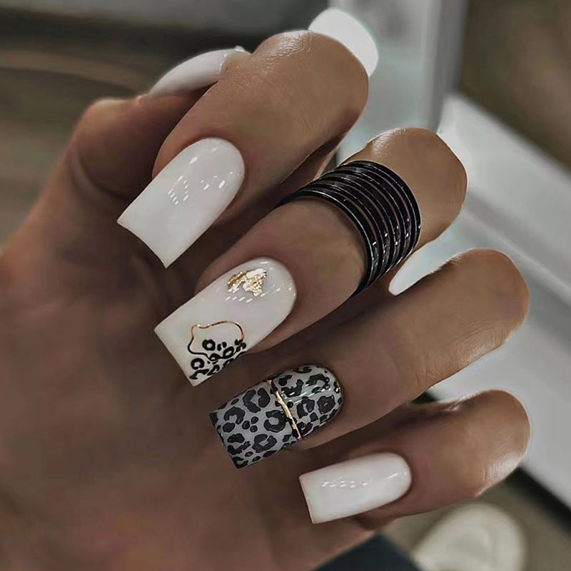 White Shiny Mid-Length Square Nails, Sweet and Edgy, Ins Style