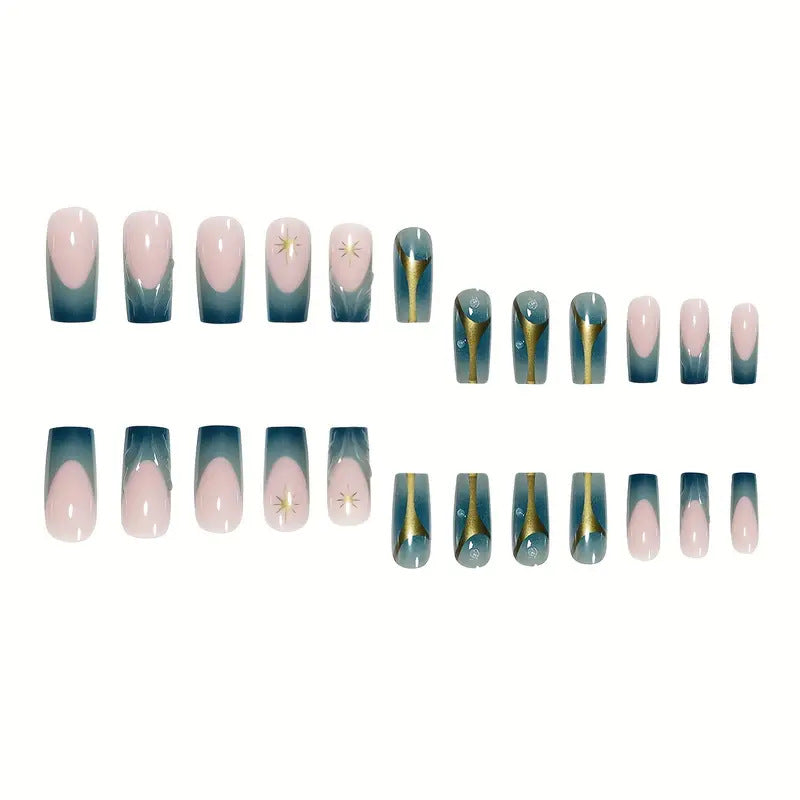 Classic Blue-Green Gradient Gold Stripe Resin Star Nail