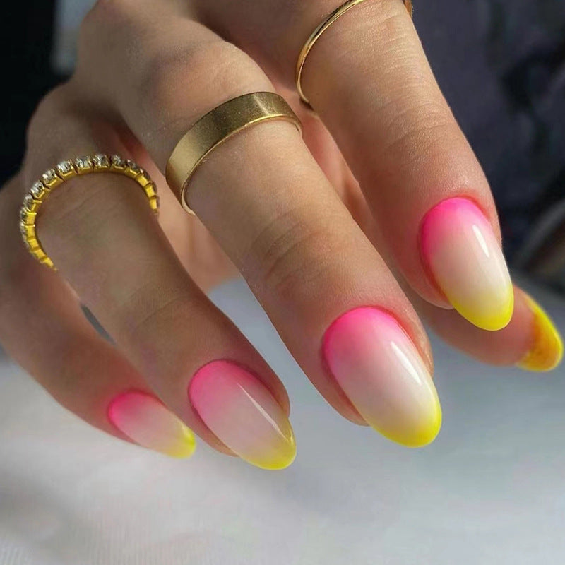 Summer Warm Bi-Color Pink Yellow Almond Nails Gradual Change Vibrant 24-Piece Boxed Wearable Nails