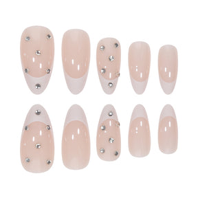 Almond White French Nail Extensions with Crystal Accents