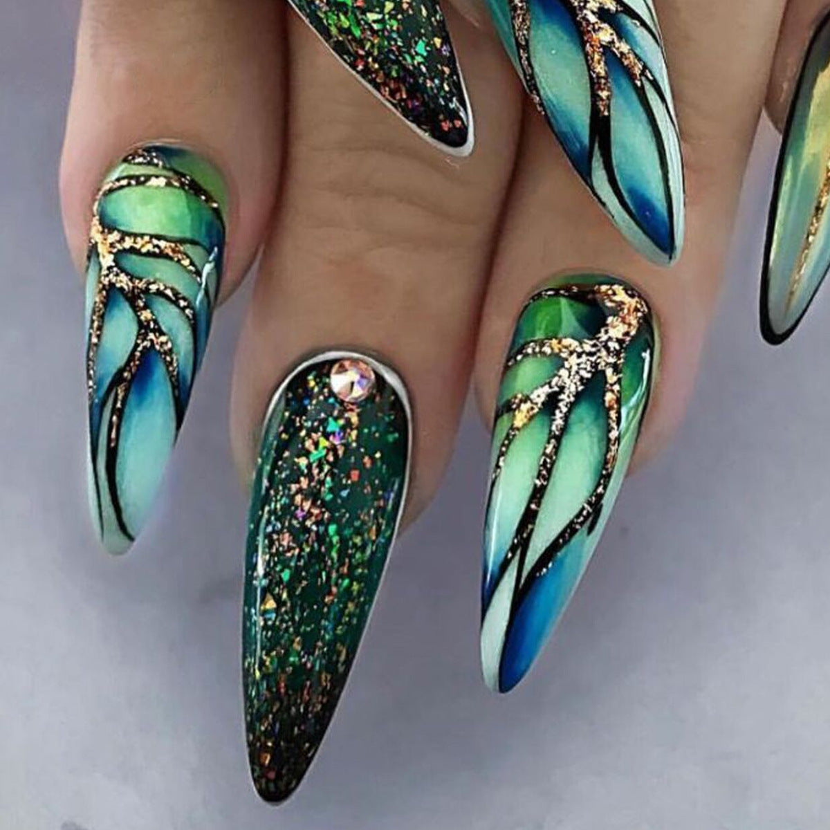 Cracked Green Nail Tips - Pre-Made, Stylish, and Easy