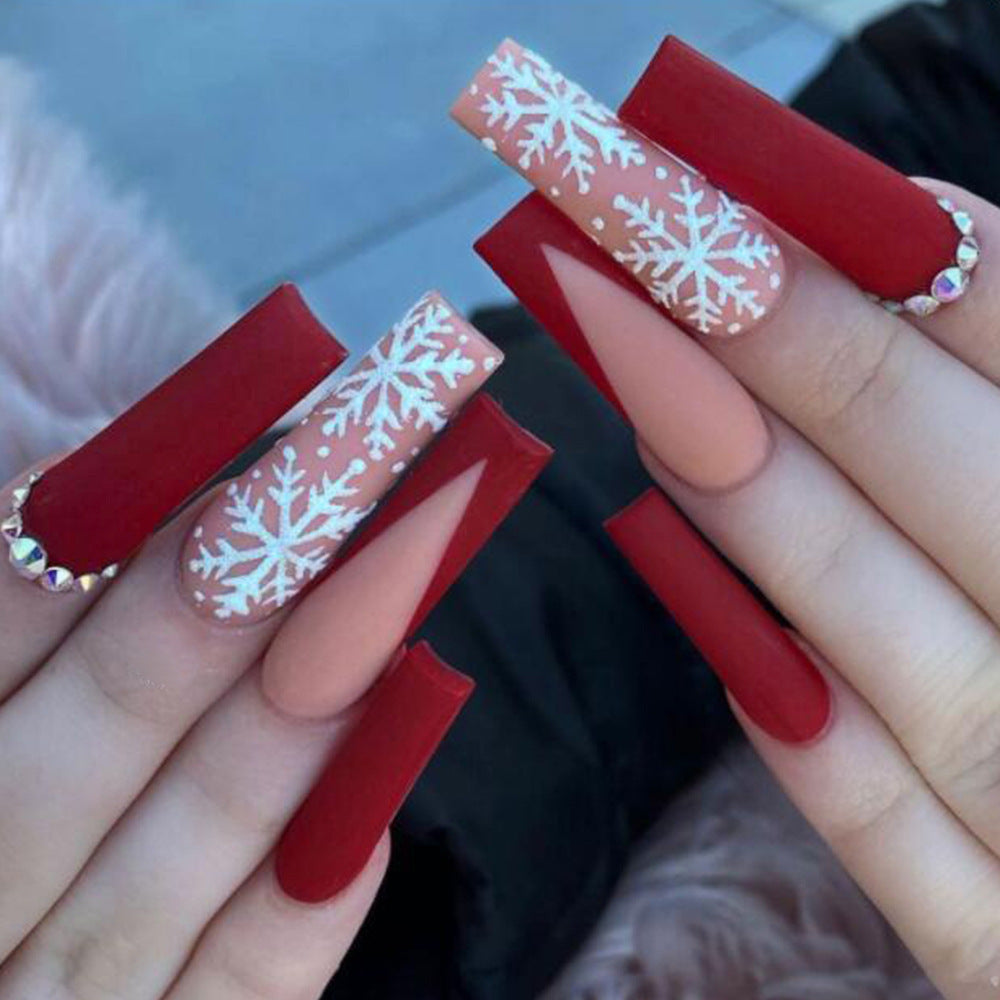 Popular Christmas Long Ballet Shape Red White Snowflake False Nails