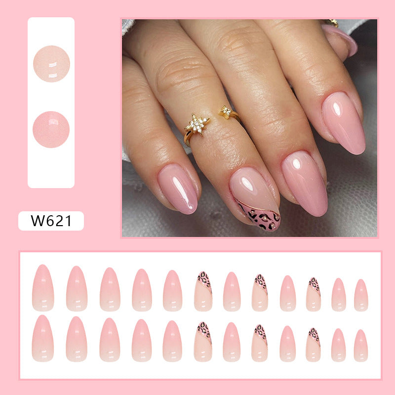 Pink Leopard Gradient Fall Nails - Round Almond Shape