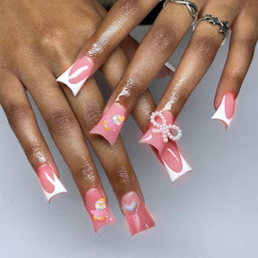 French Edge Handmade Duckbill Nail Tips with Pink Bow