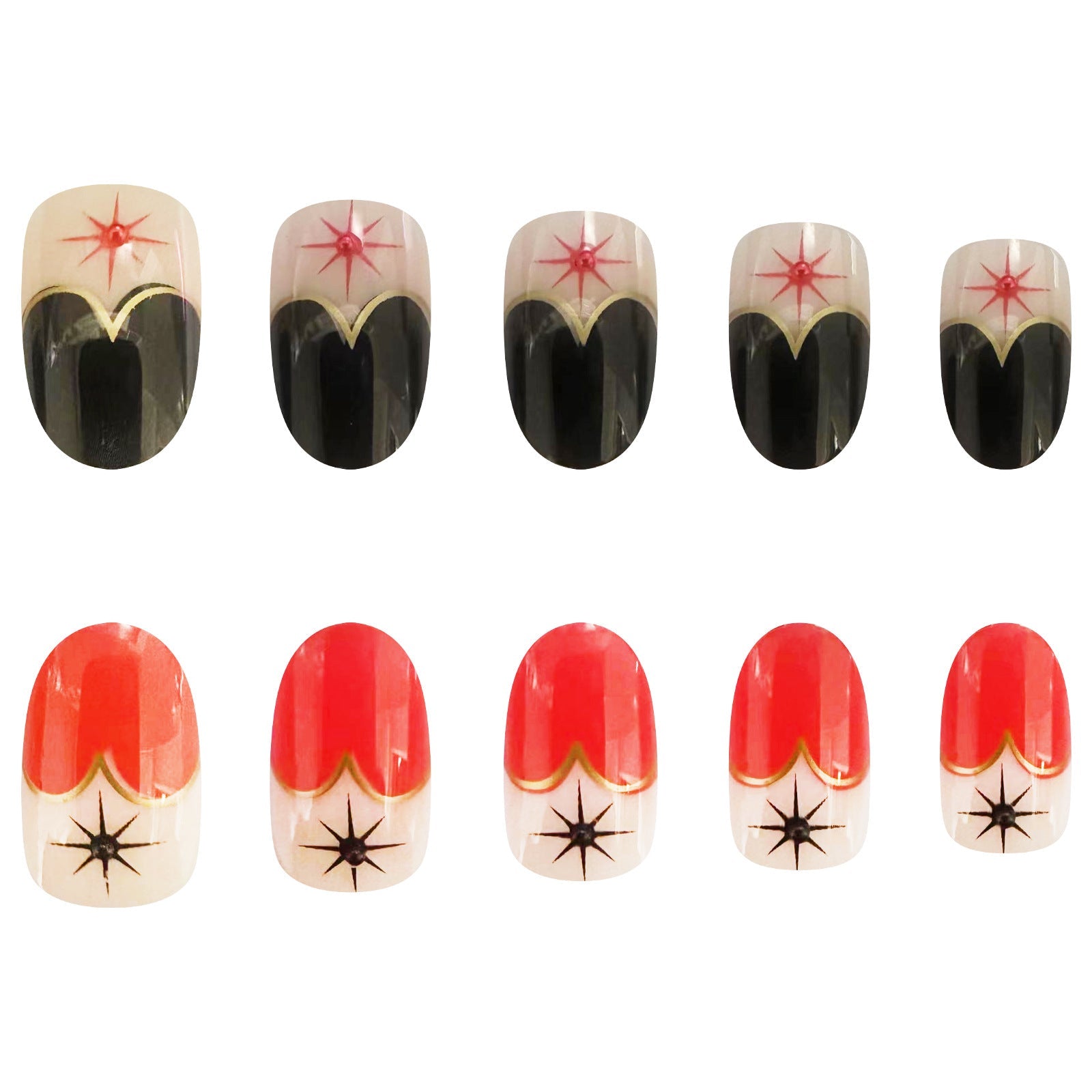 Short Oval Punk Black Red Heart French Nails with Gold Edge and 3D Pearls