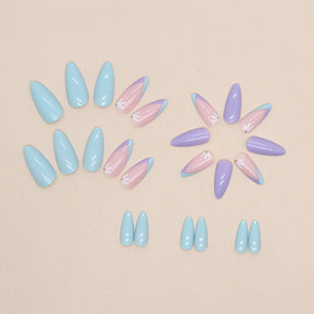 Blue Purple Simple Ins Style Triangle French Cute Half-Floral Nails Round Almond