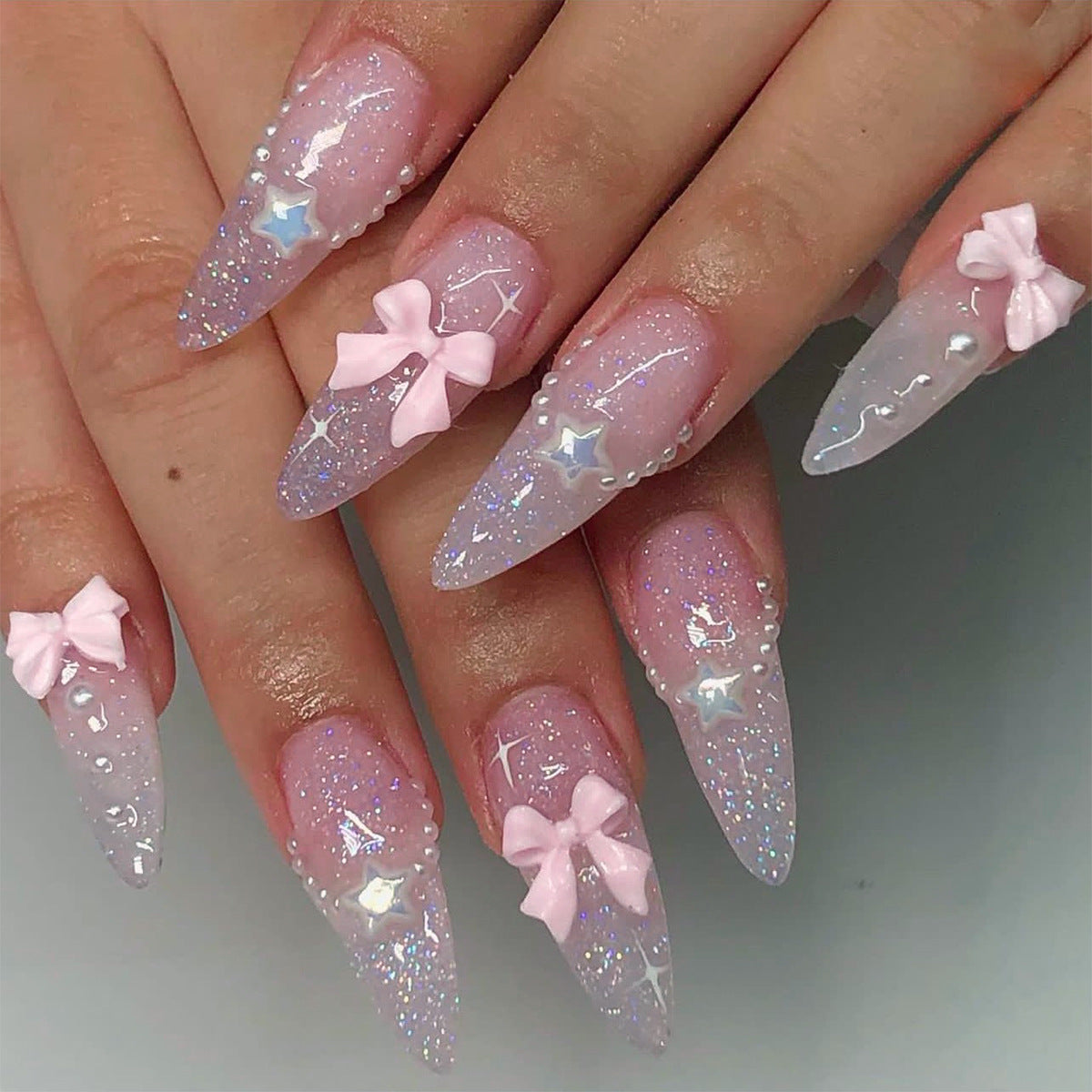 Cute Pink Bow Nail Art, Sweet Star Glitter Pearl Almond Nails  2. Tag词