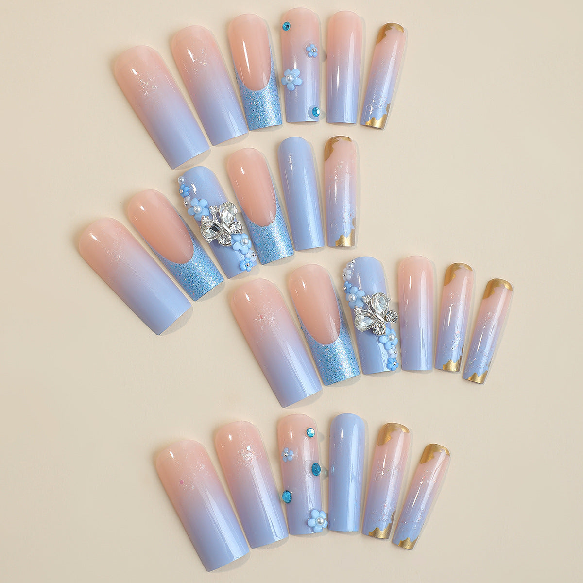 Long 3D Flower and Butterfly Glitter Nail Tips