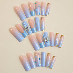 Long 3D Flower and Butterfly Glitter Nail Tips