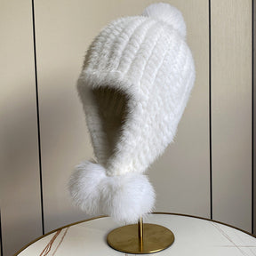 Warm Mink Fur Hat with Fox Pom Pom - Winter Luxury