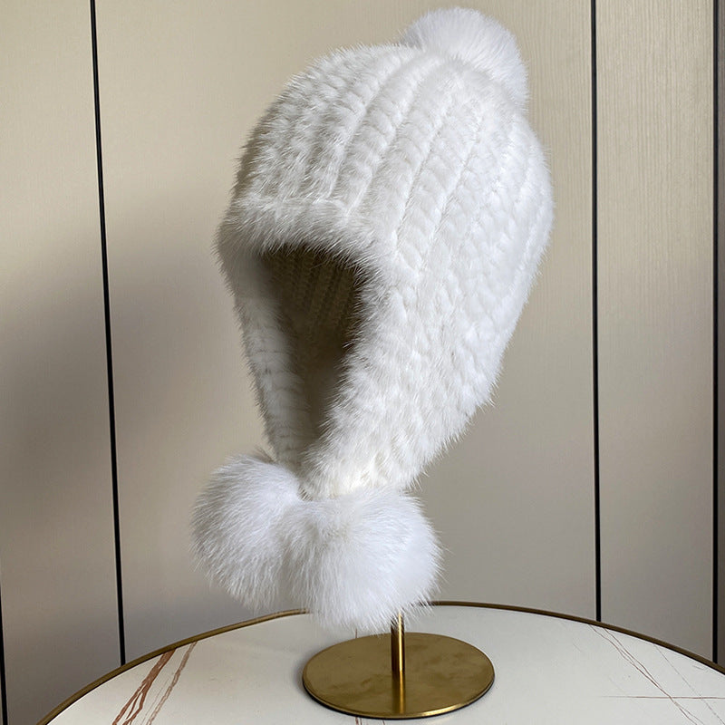 Warm Mink Fur Hat with Fox Pom Pom - Winter Luxury