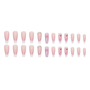 Long Ballet Pink Glitter French Diamond Nails Cute Butterfly Wearable Nails
