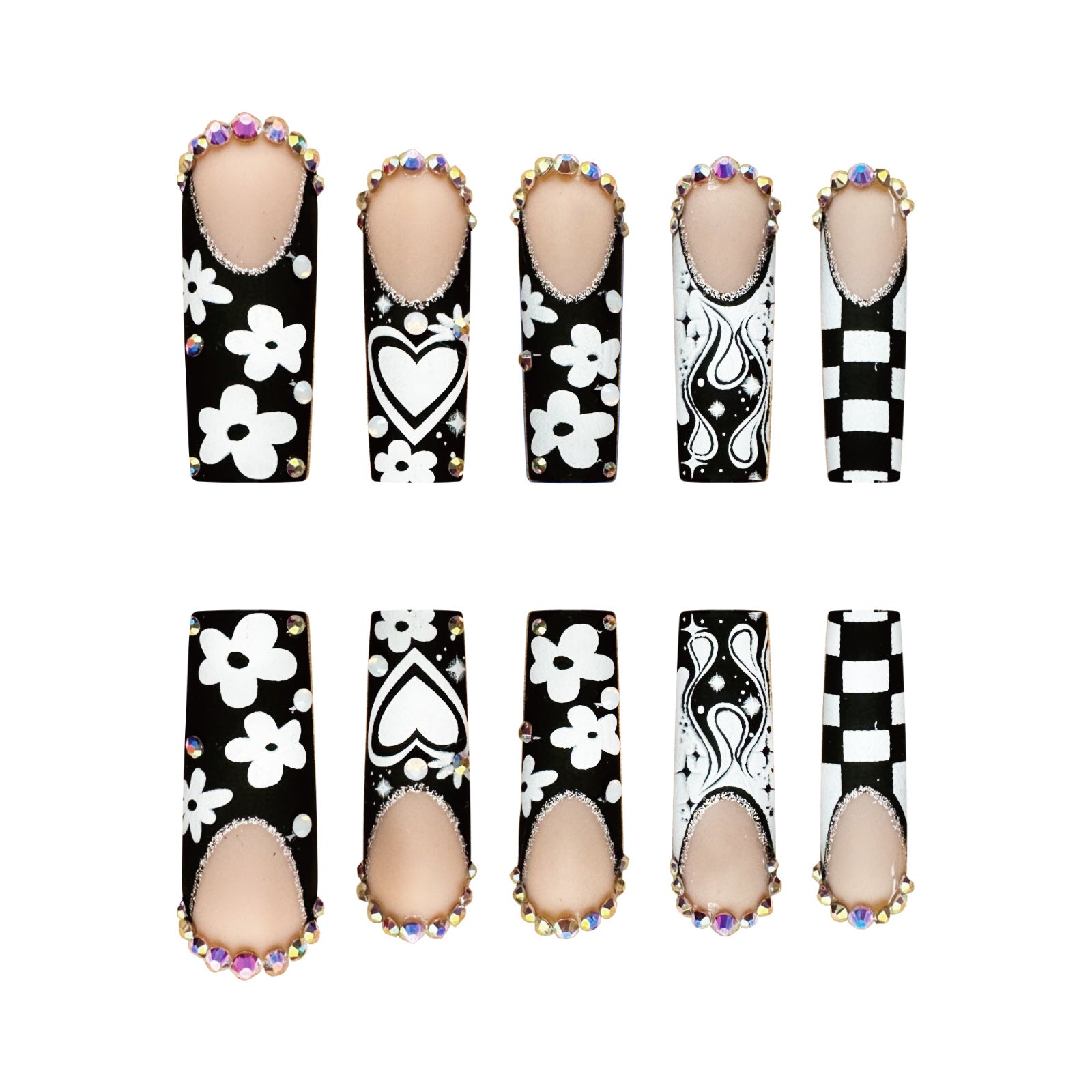 Black White Star French Tip Long Square Fake Nails, Rhinestone Heart Flame Plaid