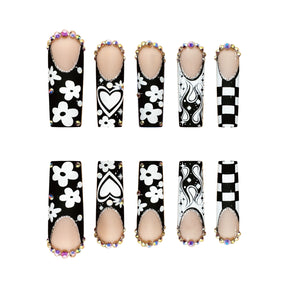 Black White Star French Tip Long Square Fake Nails, Rhinestone Heart Flame Plaid