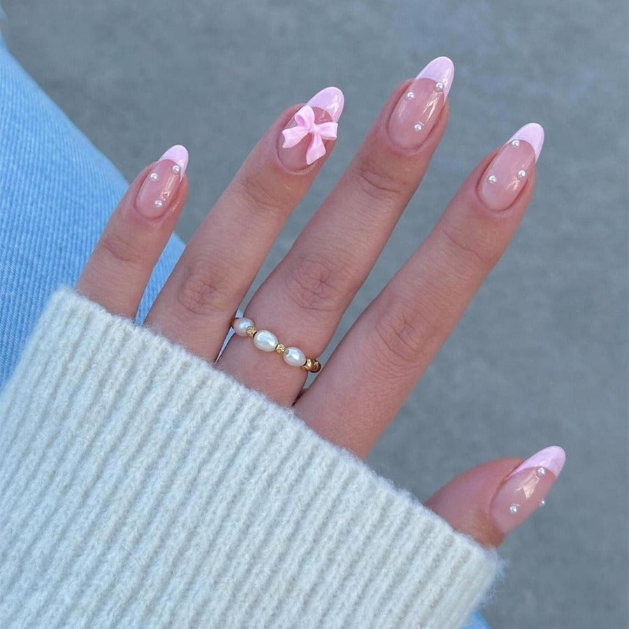 Detachable Pink Nail Tips with Pearl and Bow Decor