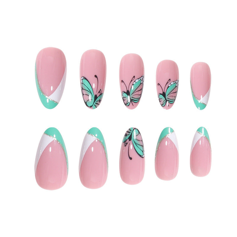 Chic French Green-White Butterfly Handmade Nail Stickers