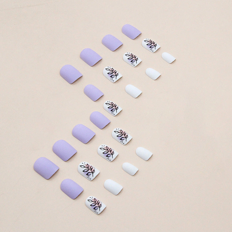 Short Matte Solid Fall Nails - Pink Purple White Leaf Silhouette