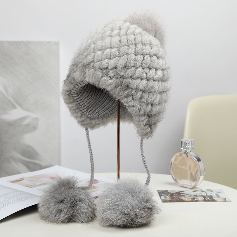 Winter Fox Pom Pom Mink Fur Hat for Women