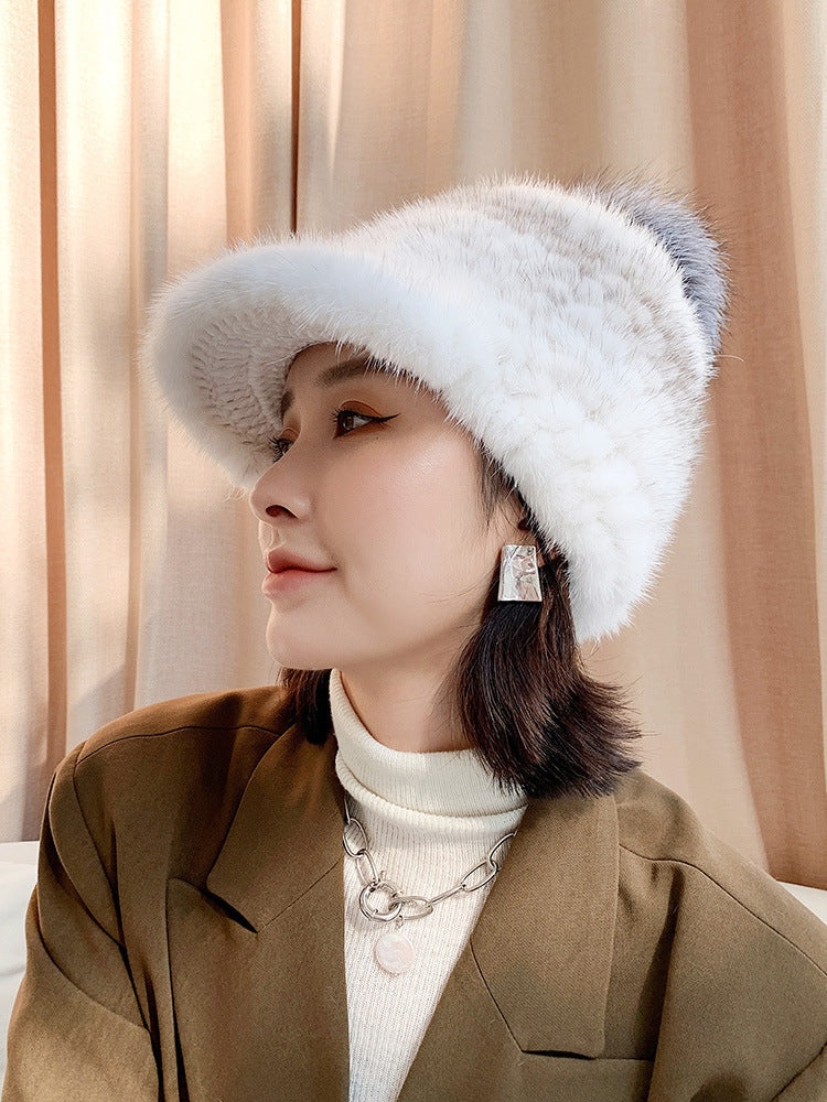 Stylish Mink Fur Cap with Fox Pom Pom - Winter Accessory