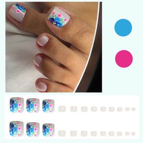 Short Square Blue Flower Press-On Toe Nails, Simple & Stylish