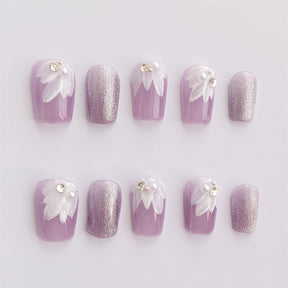 Chic Handmade Fine Sparkle Lotus Fall Nails, Ultra-Short Staircase Nail Patches