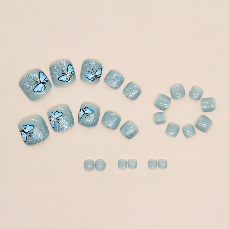 Spring/Summer New Fresh Smog Green Flash Silver Blue Butterfly Drill Toe Nails