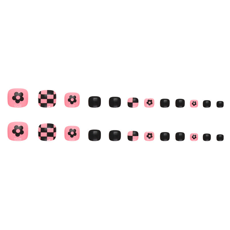 Checkerboard Flower Pink Black Toe Nail Stickers