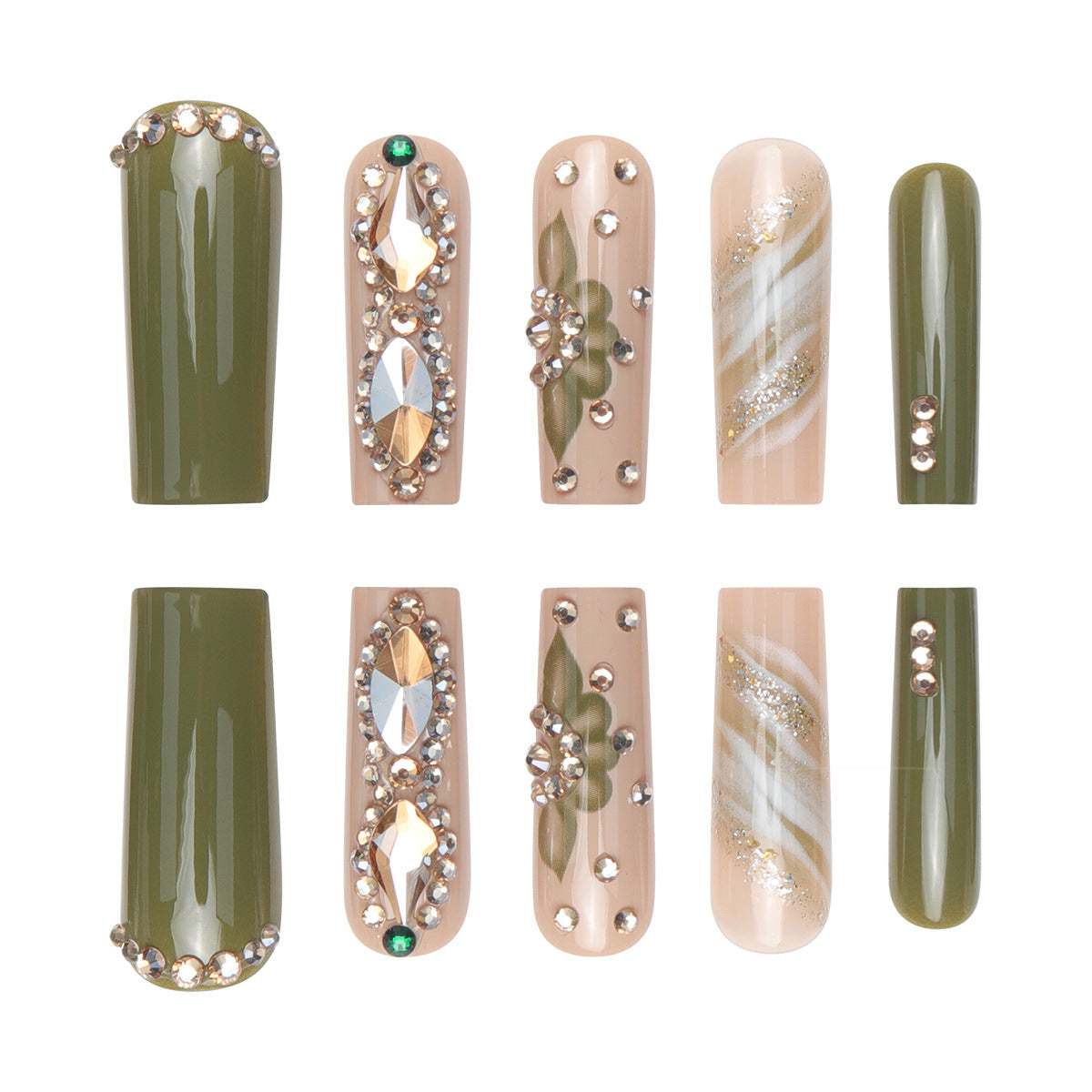 Detachable Green Floral Sparkle Nail Tips