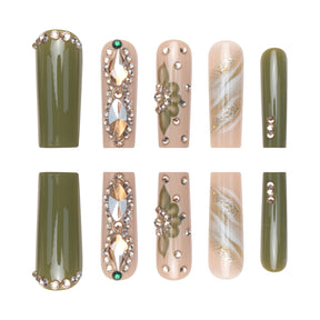 Detachable Green Floral Sparkle Nail Tips