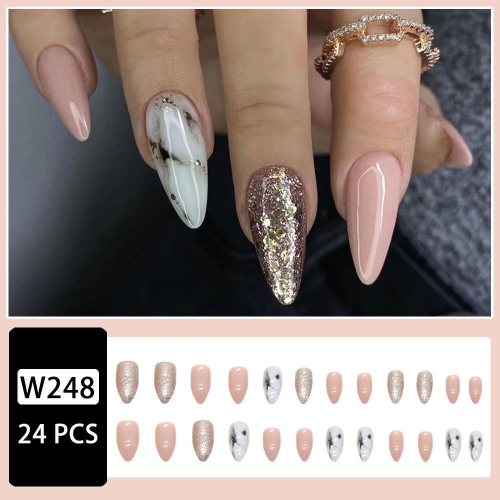 Shiny Marble Almond Nails, Sweet and Edgy Design