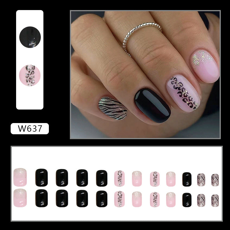 Short Leopard Print Nails - Black & Pink, Shimmering Glitter, Ins Style