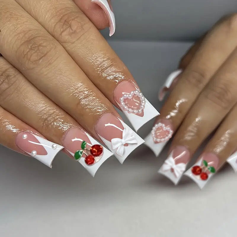 Duckbill White French Tip Bow Cherry Pearl Removable Nails