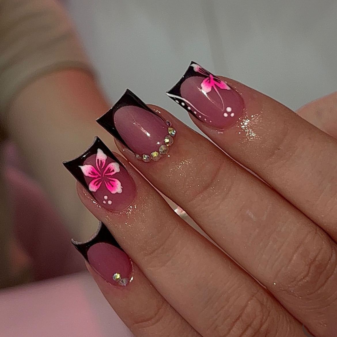 Black French Tip Blush Flower Nails